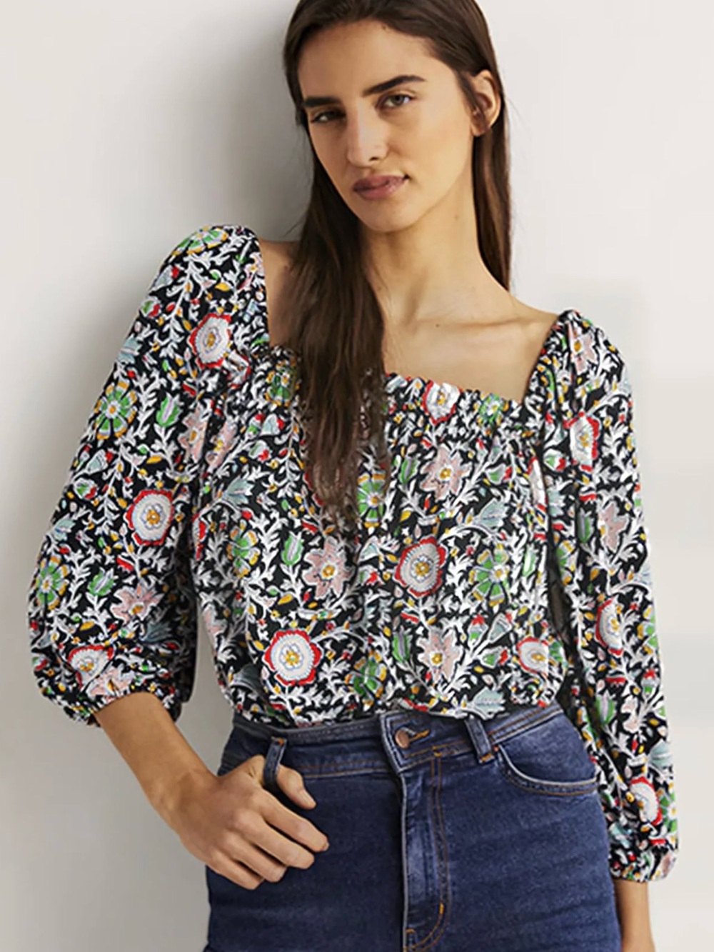 Boden Square Neck Swing Jersey Multicolor Floral Stretch Top Floral Peasant